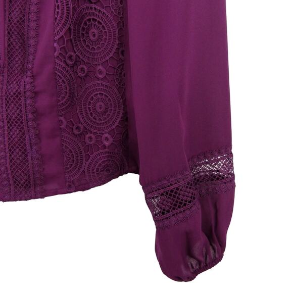 Venus Maroon Tie Front Crochet Blouse Lace Sheer Sleeve Modest Twee Blouse Small - Picture 4 of 9